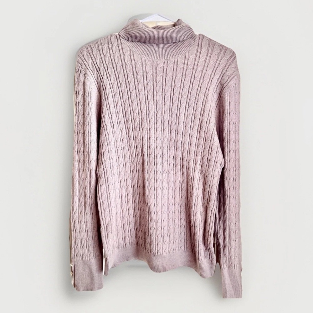 Zesica Pink Cable‎ Knit Turtleneck Sweater Gold Button Cuffs Size M